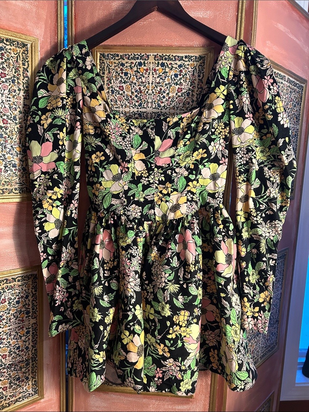ASOS Black Floral Square-Neck Long Sleeve Dress with Pink & Green Accents